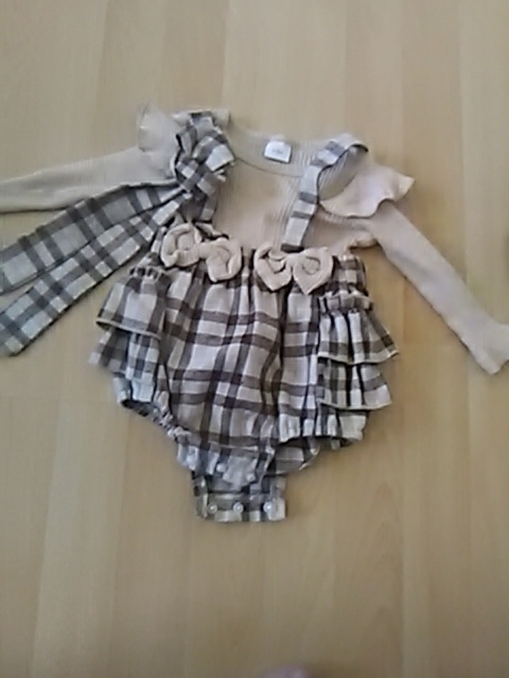 PatPat Cream & Brown Plaid Ruffle Suspender One-Piece